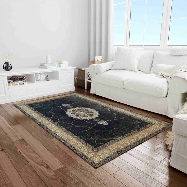 خرید فرش طرح کویر 700 شانه حاشیه طلایی کد 721 فرش پر نقش و نگار فروشگاه آنلاین فرش ماشینی | فرش کاشان