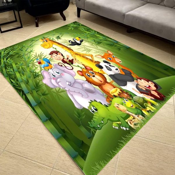 فرشینه مخمل اتاق کودک طرح انمیشن حیوانات در جنگل بامبو کد 40030 فرشینه اتاق کودک فروشگاه آنلاین فرش ماشینی | فرش کاشان