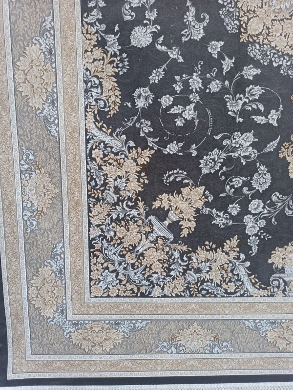 خرید فرش ماشینی 1200 شانه برجسته طرح ترلان رنگ دودی فرش پر نقش و نگار فروشگاه آنلاین فرش ماشینی | فرش کاشان